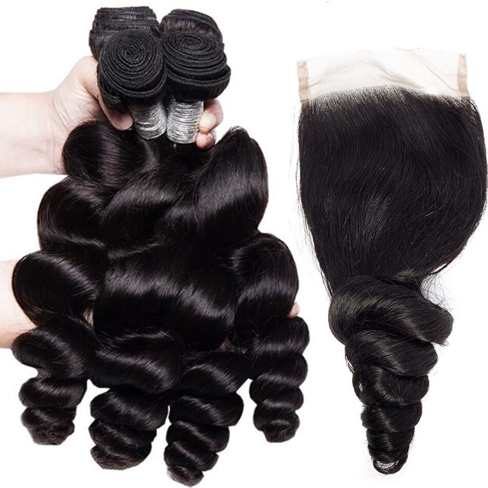 Thumbnail: 12A Loose Wave Bundles With Frontal Peruvian Hair Bundles With Closure Loose De