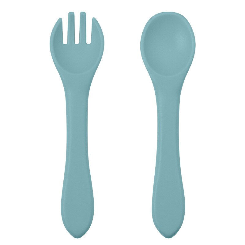 Thumbnail: 2PCS BPA Free Baby Silicone Spoon Fork Set Wooden Handle Baby Feeding Spoon For