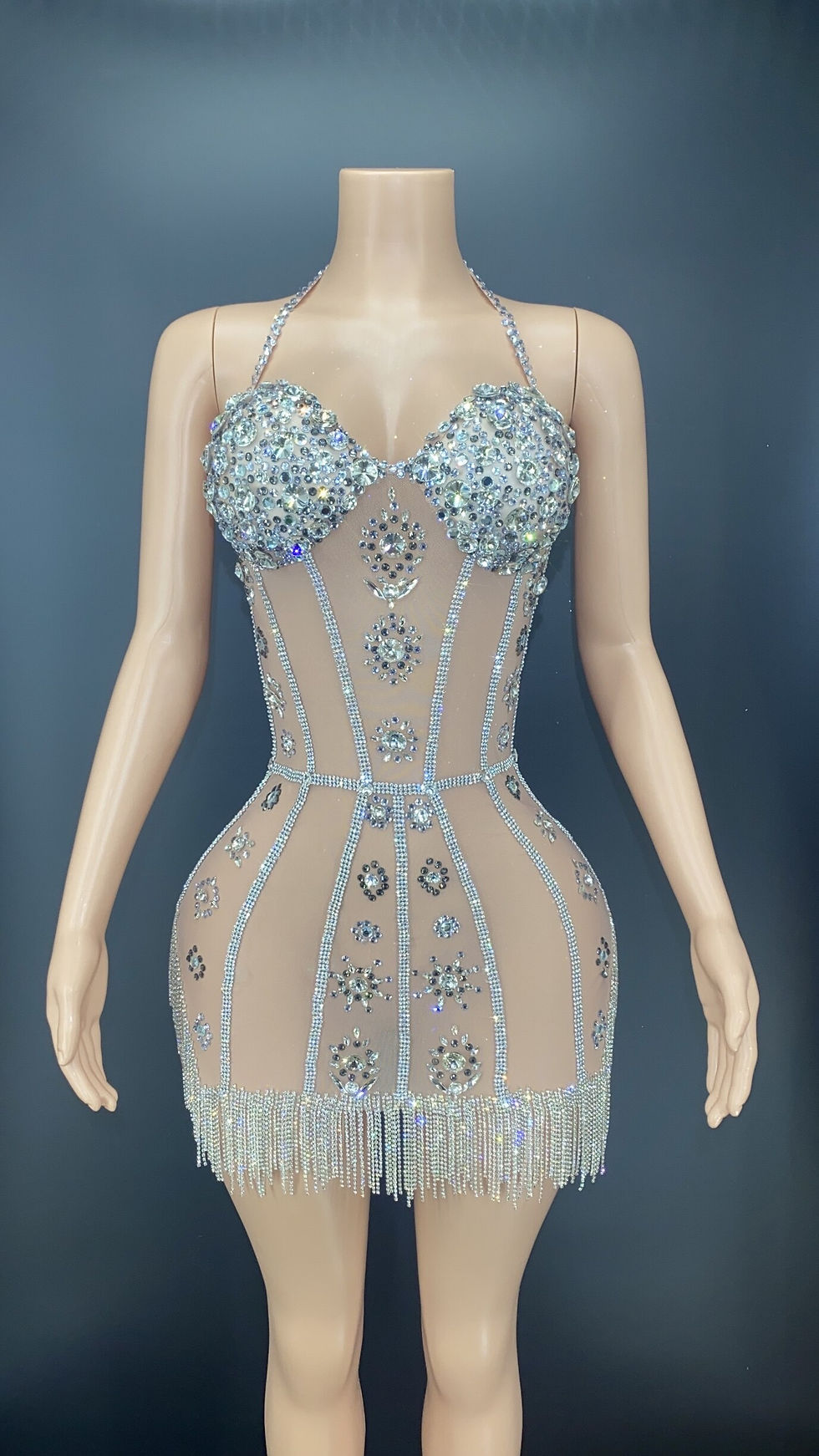 Thumbnail: Sexy Sparkly Silver Rhinestone Fringes Halter Mesh Transparent Short Crystals D