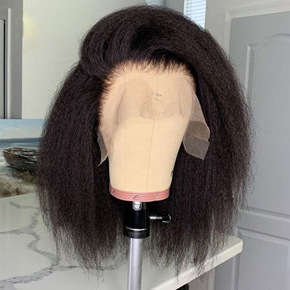 200%Density 14Inch Short Bob Natural Black Yaki Kinky Straight Deep Lace Front 