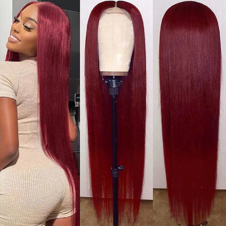 Thumbnail: 99J Burgundy Straight Lace Front Human Hair Wigs Deep Wave Lace Frontal Wig Win