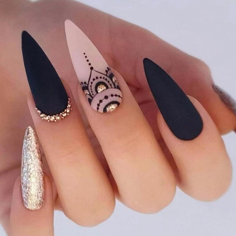 Thumbnail: 24Pcs Pink Almond False Nails Shiny Golden Ripples Stiletto Fake Nails Detachab