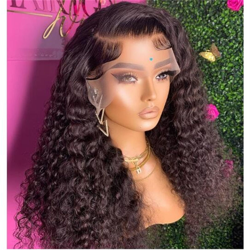 Thumbnail: Natural Black 180%Density 26Inch Soft Long Kinky Curly Preplucked Lace Front Wi