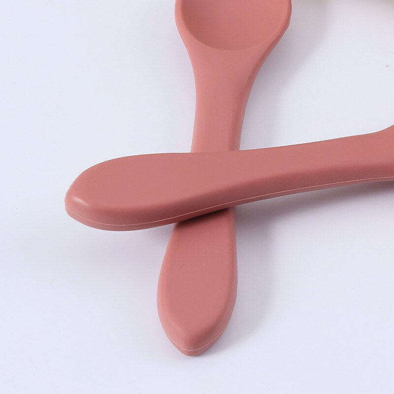 Thumbnail: 2PCS BPA Free Baby Silicone Spoon Fork Set Wooden Handle Baby Feeding Spoon For
