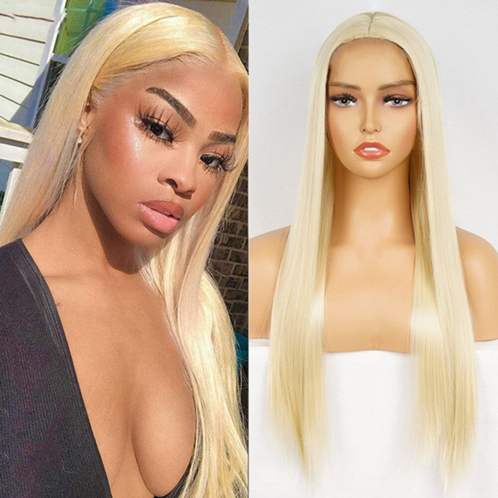 Blonde Long Straight Wig Synthetic Middle Part Natural Hairline Wig Highlight B