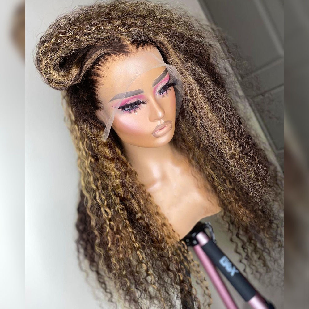 Soft Preplucked 26"Long 180%Density Glueless Highlight Ombre Brown Kinky Curly 