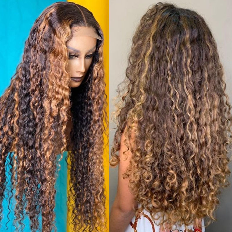 Thumbnail: Curly Human Hair Wig Honey Blonde Ombre 13x1 Brazilian Brown Color Deep Water W