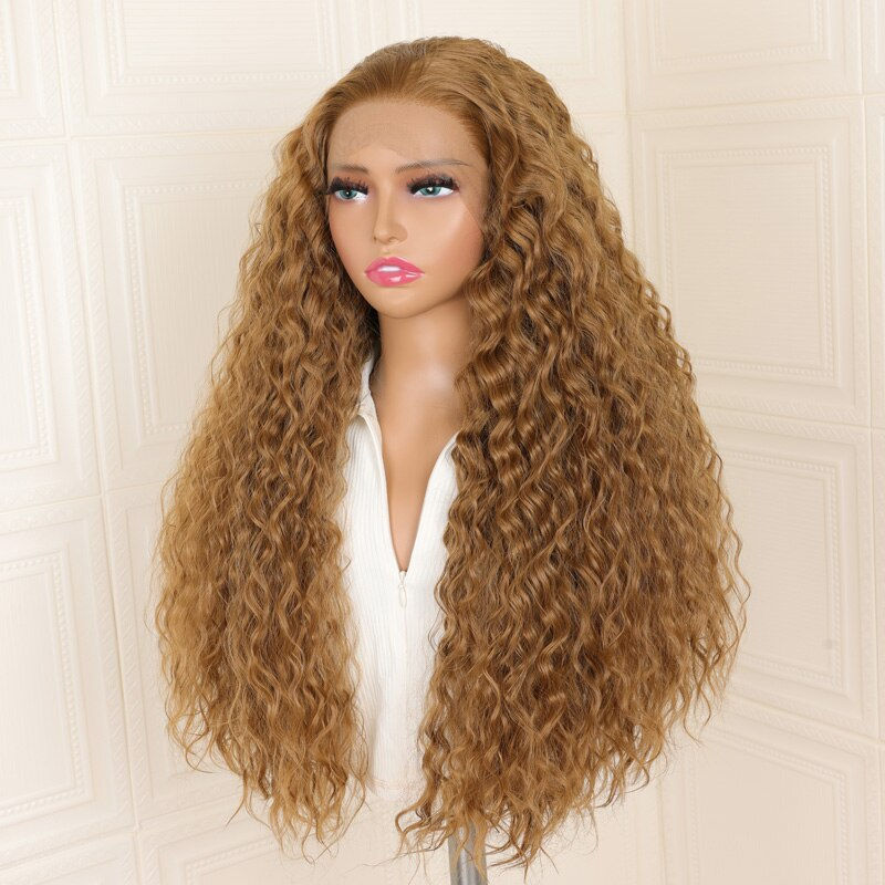 Thumbnail: Long Soft 180%Density 26Inch Honey Blonde Kinky Curly Preplucked Lace Front Wig
