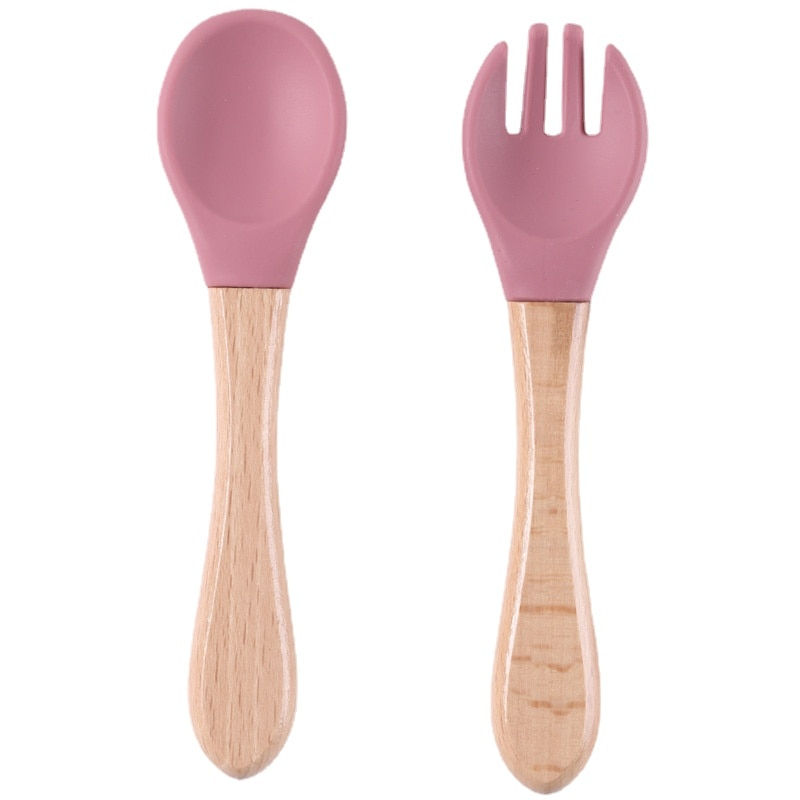 Thumbnail: Silicone Baby Feeding Spoon Fork with Wooden Handle Kids Learn To Eat Children'