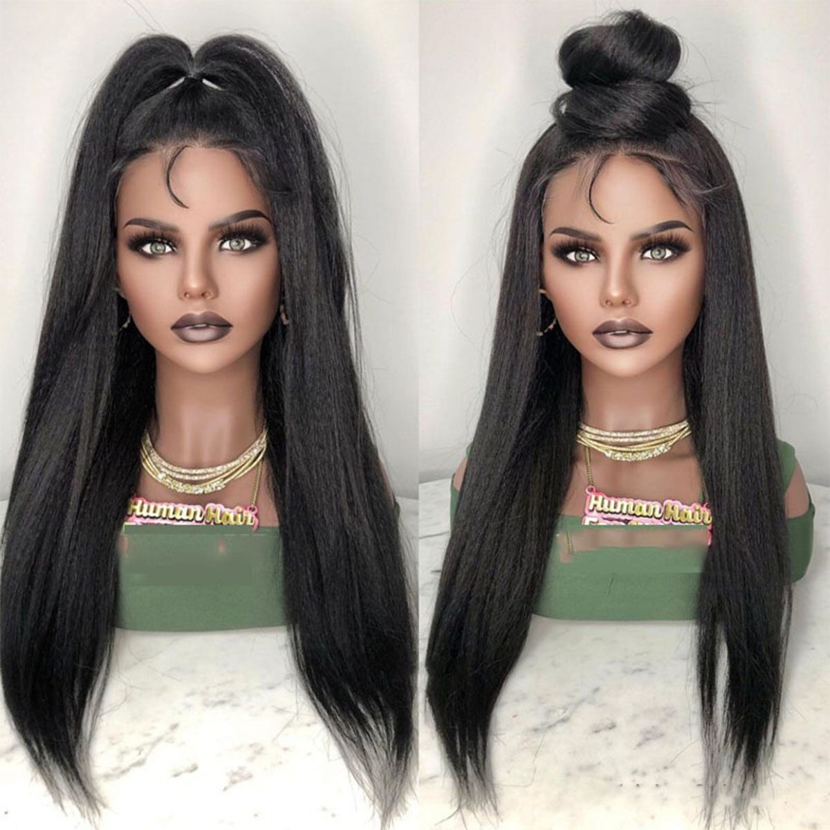 Natural Black Yaki Preplucked Soft 180Density 26Inch Long Kinky Straight Lace F