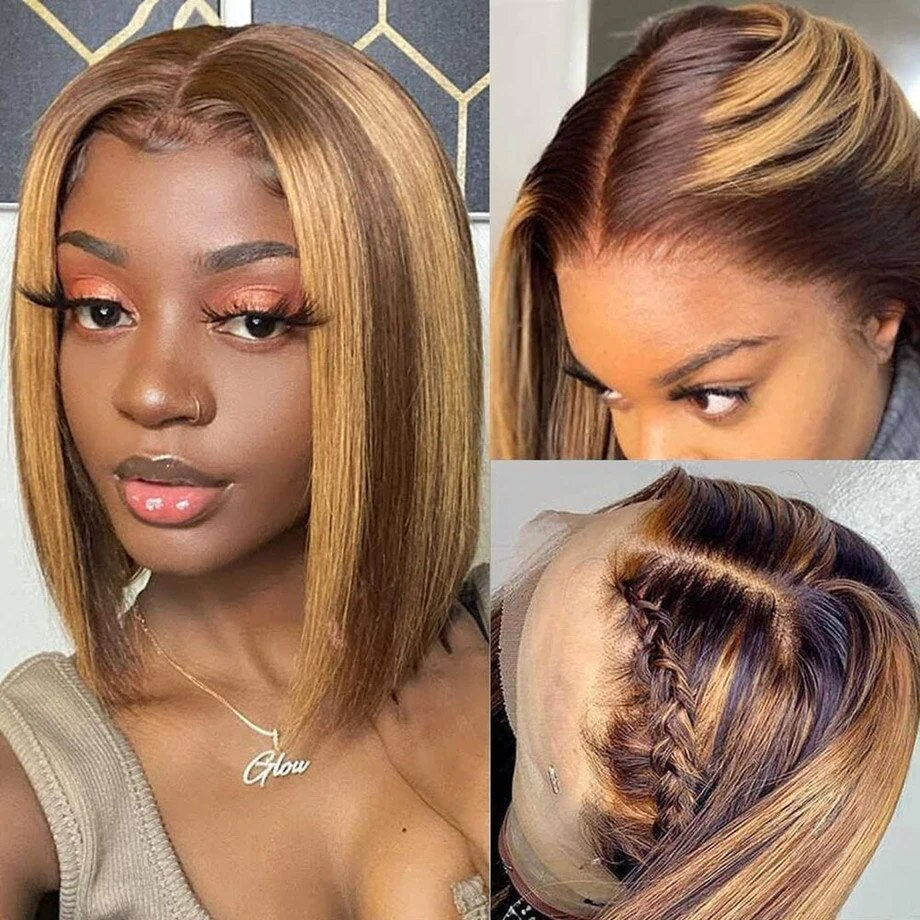 Thumbnail: Highlight Wig Human Hair Short Bob Wigs Bone Straight Remy Colored Human Hair W