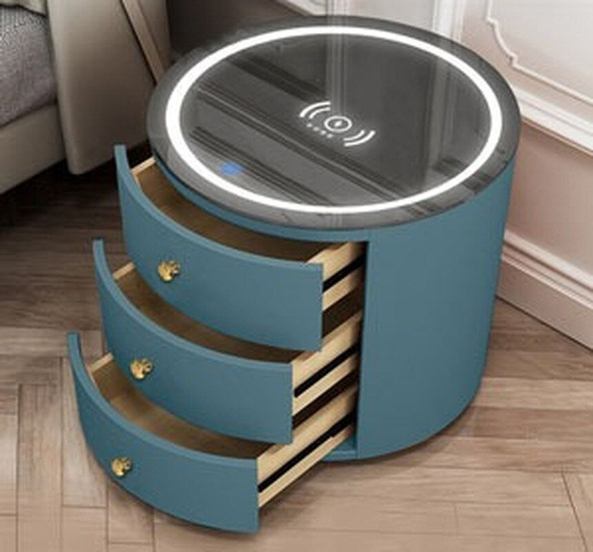 Thumbnail: Round Bedside Table Nightstands Intelligent Password Fingerprint Wireless Charg