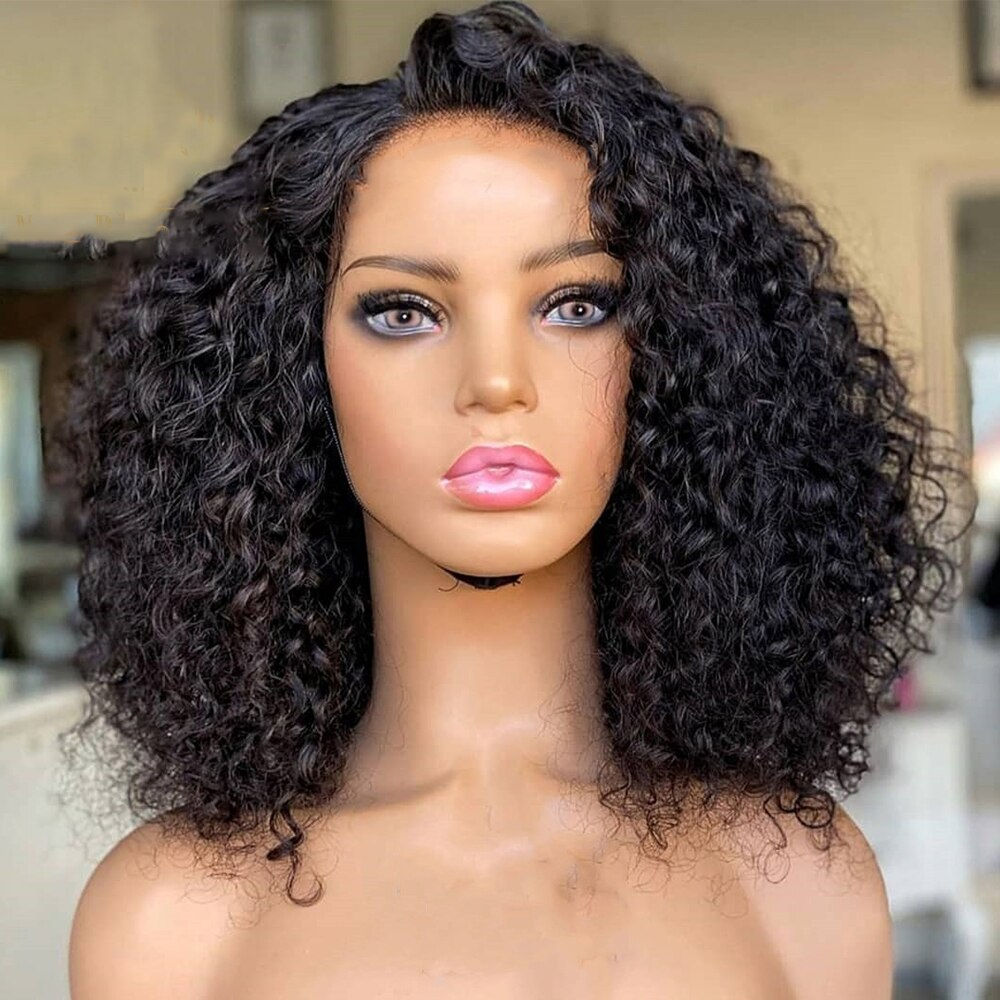 Soft Natural Black Middle Part Kinky Curly Short Bob 180%Density Machine Wig Fo