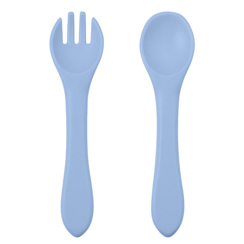 Thumbnail: 2PCS BPA Free Baby Silicone Spoon Fork Set Wooden Handle Baby Feeding Spoon For