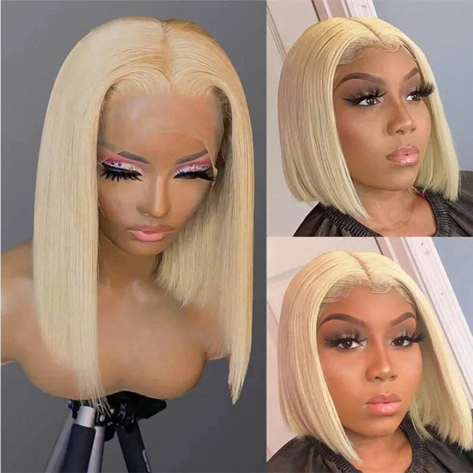 Thumbnail: Human Hair Lace T Part Wig 13x1 Lace Wig Brazilian Straight Bob Wig 613 Blonde 