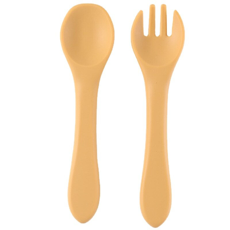Thumbnail: Silicone Baby Feeding Spoon Fork with Wooden Handle Kids Learn To Eat Children'