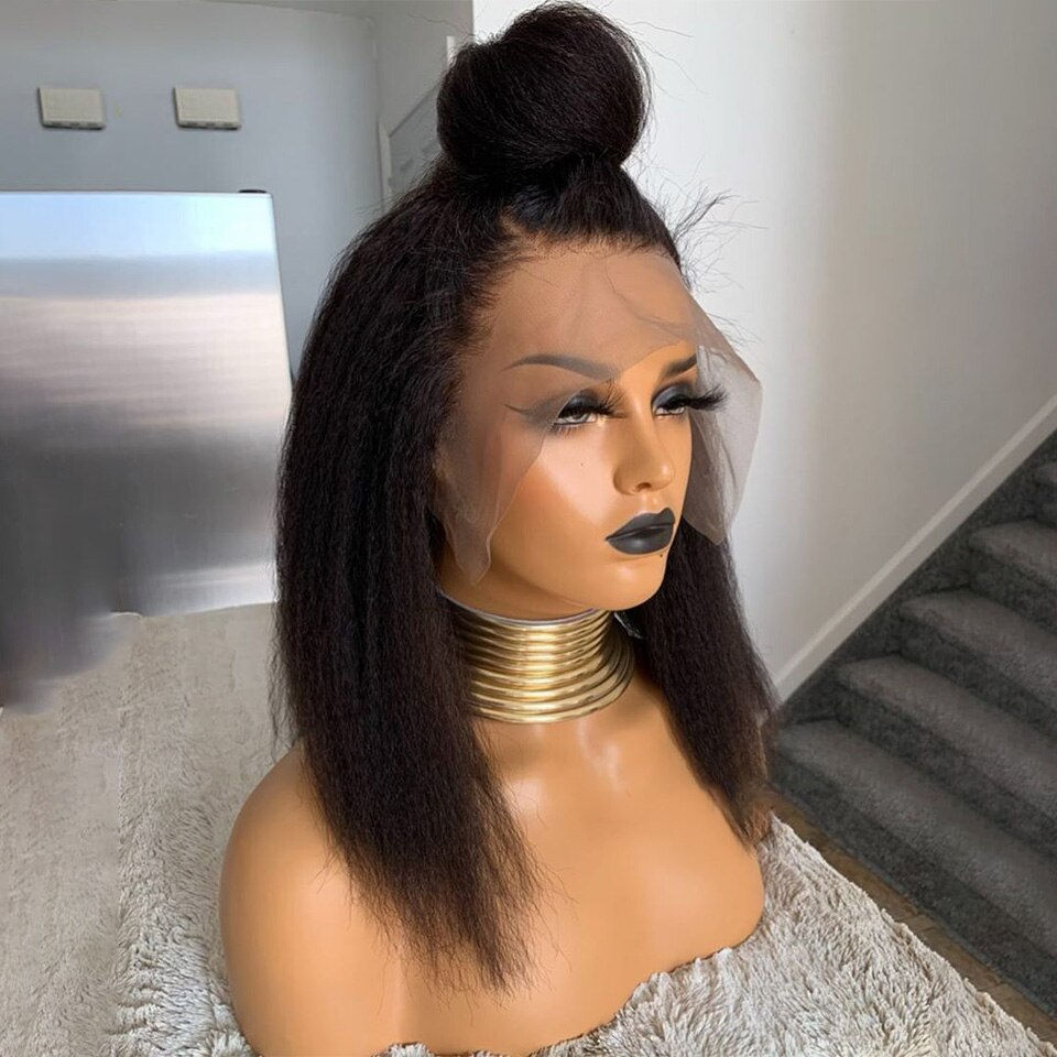 Thumbnail: 180%Density 14Inch Short Bob Yaki Straight  Lace Front Wig For Women With Baby 