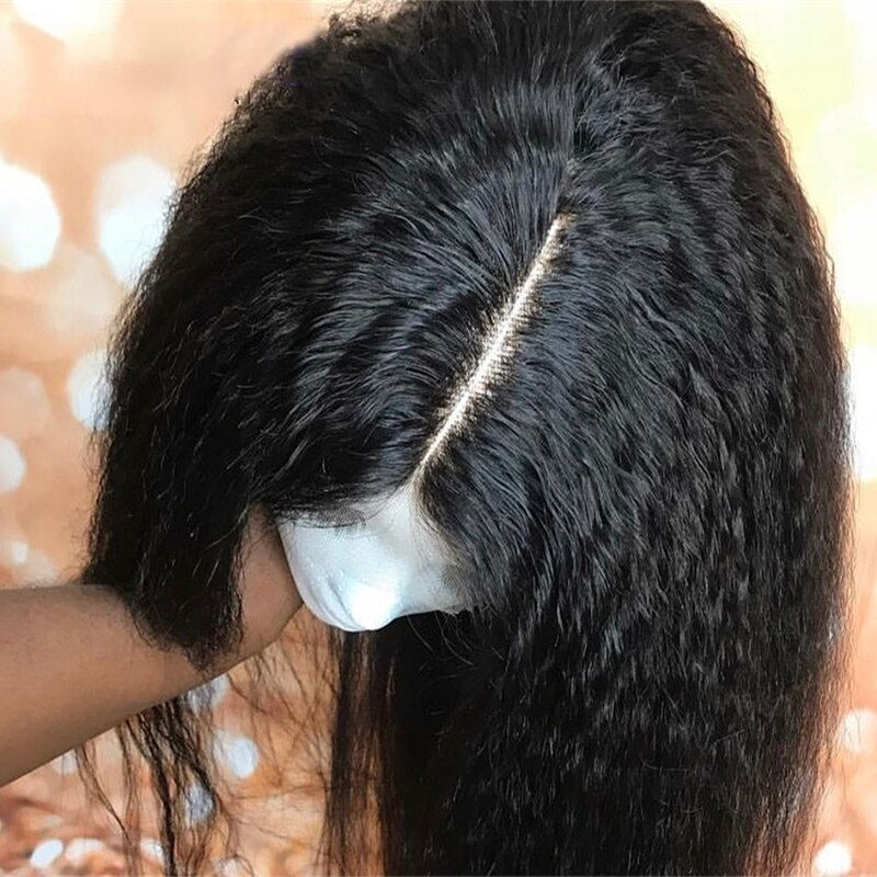 Thumbnail: Soft Long 28inches Natural Black 180Density Yaki Kinky Straight Deep Lace Front