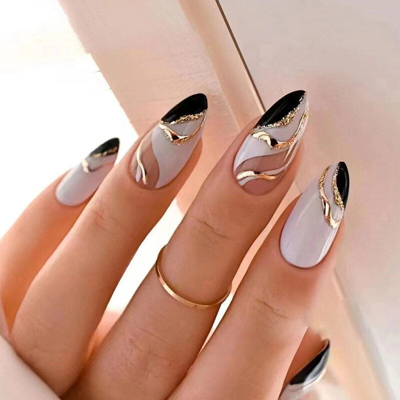 Thumbnail: 24Pcs Pink Almond False Nails Shiny Golden Ripples Stiletto Fake Nails Detachab