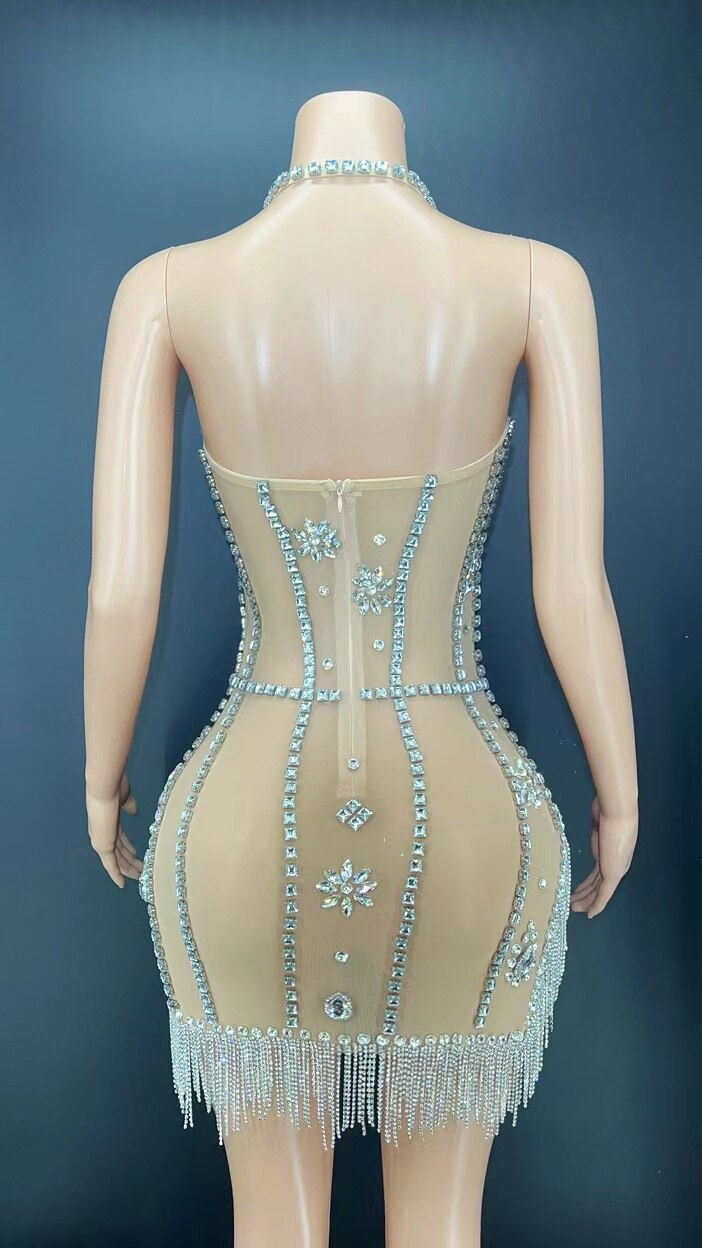 Thumbnail: Sexy Sparkly Silver Rhinestone Fringes Halter Mesh Transparent Short Crystals D