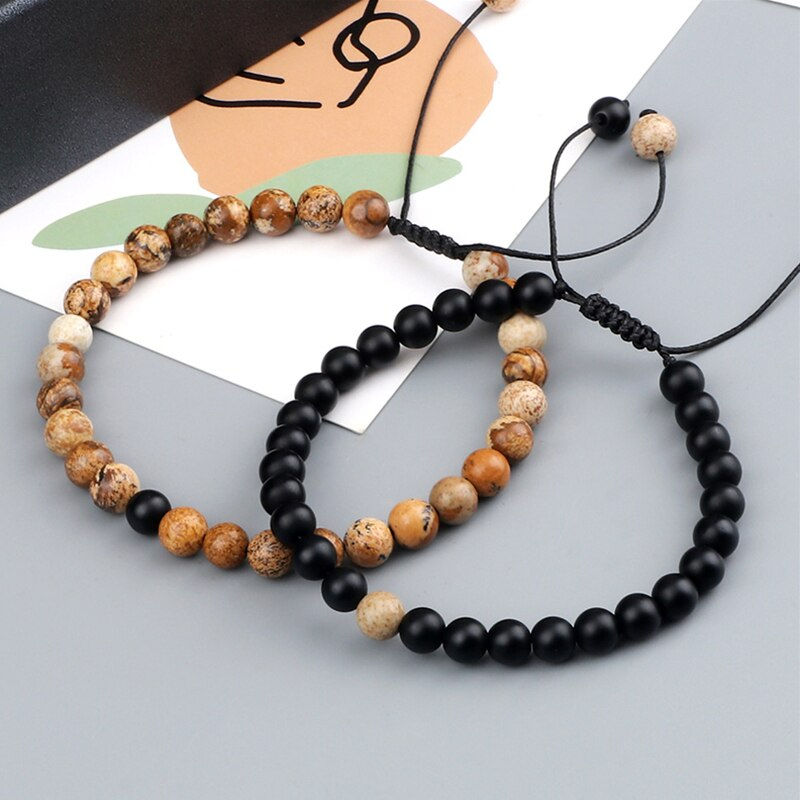 Thumbnail: Adjustable 2pcs/set Beads Bracelets for Couple Classic 6mm Natural Black White 