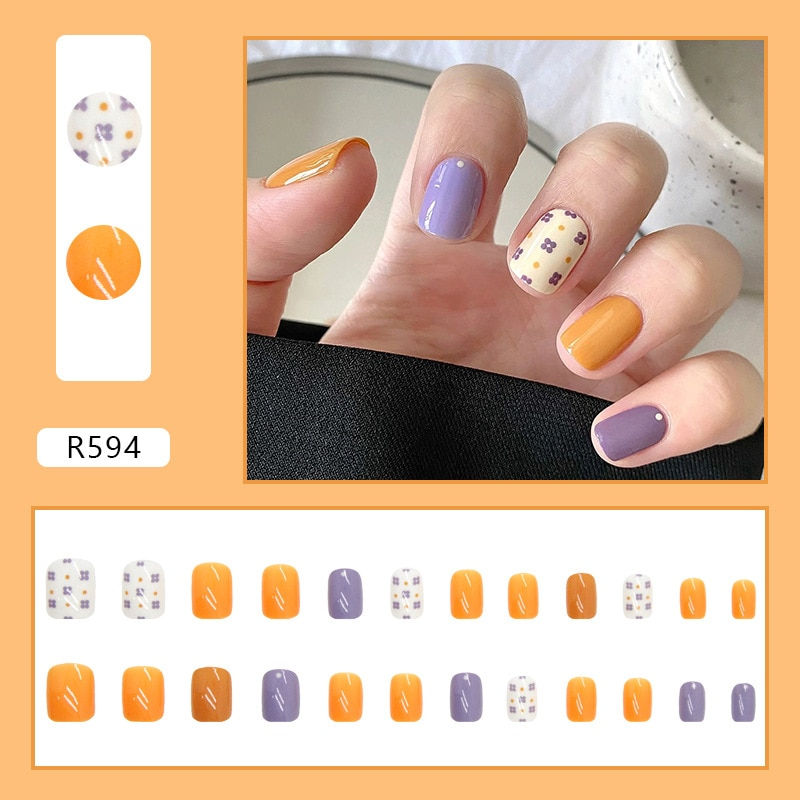 Thumbnail: 24pcs French Fake Nails Short Art Nail Tips Press Stick on False with Designs F