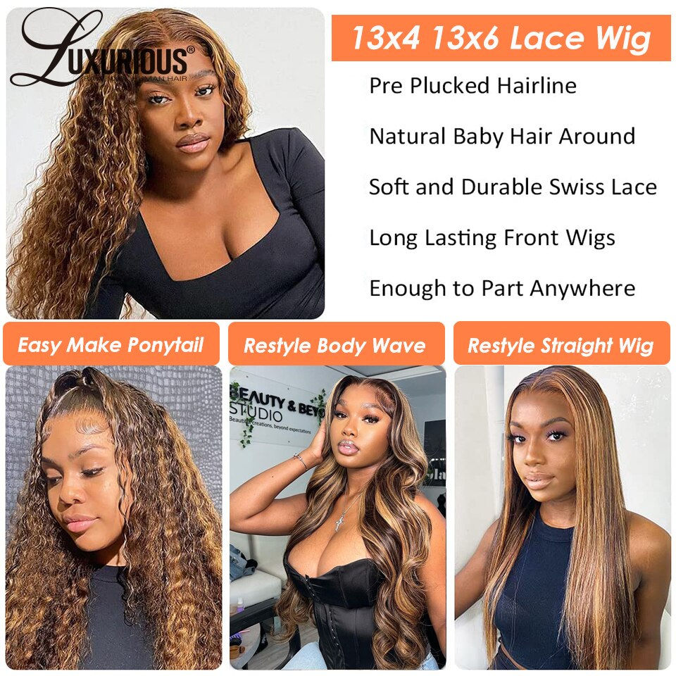 Thumbnail: LUXURIOUS Highlight 13X6 Curly Lace Front Human Hair Wigs For Women Honey Blond