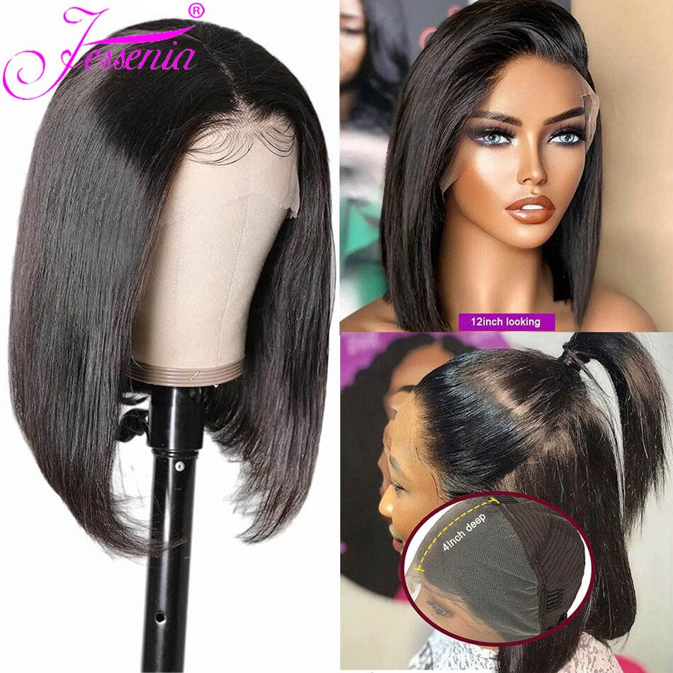 Thumbnail: Short Brazilian Lace Closure Wig 4X4 Natural Real Human Hair Bob Wigs Lace Fron