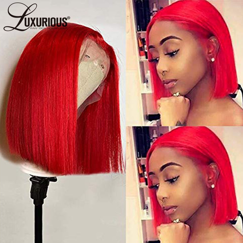 Thumbnail: 13x4 Red Short Bob Wig Lace Front Human Hair Wigs For Women Brazilian HD Transp