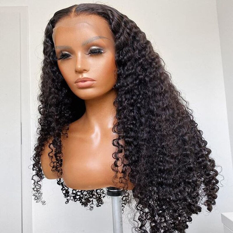 26 Inches 180%Density Deep Black Glueless Preplucked Kinky Curly Lace Front Wig