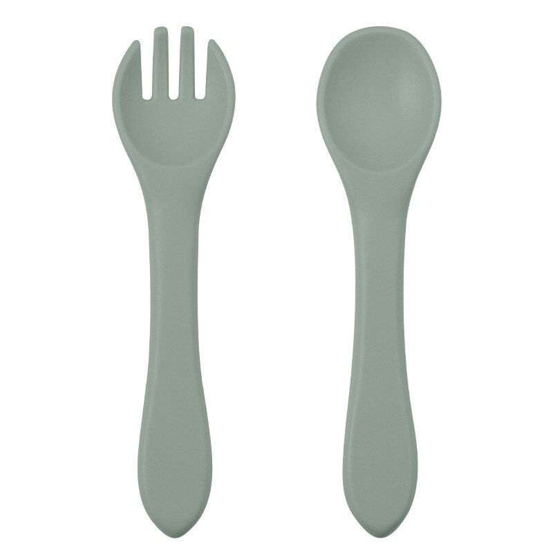 Thumbnail: 2PCS BPA Free Baby Silicone Spoon Fork Set Wooden Handle Baby Feeding Spoon For
