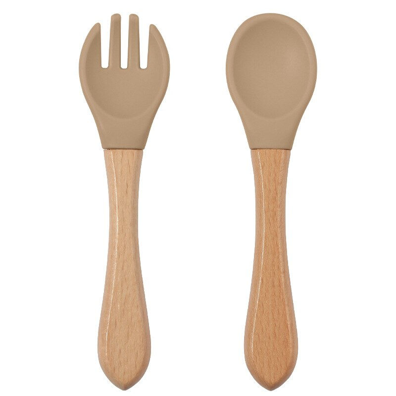 Thumbnail: 2PCS BPA Free Baby Silicone Spoon Fork Set Wooden Handle Baby Feeding Spoon For