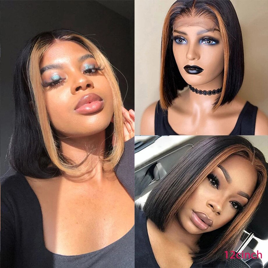 Thumbnail: Ombre Blonde Lace Front Wig Human Hair Highlight Straight Short Bob Wigs For Wo