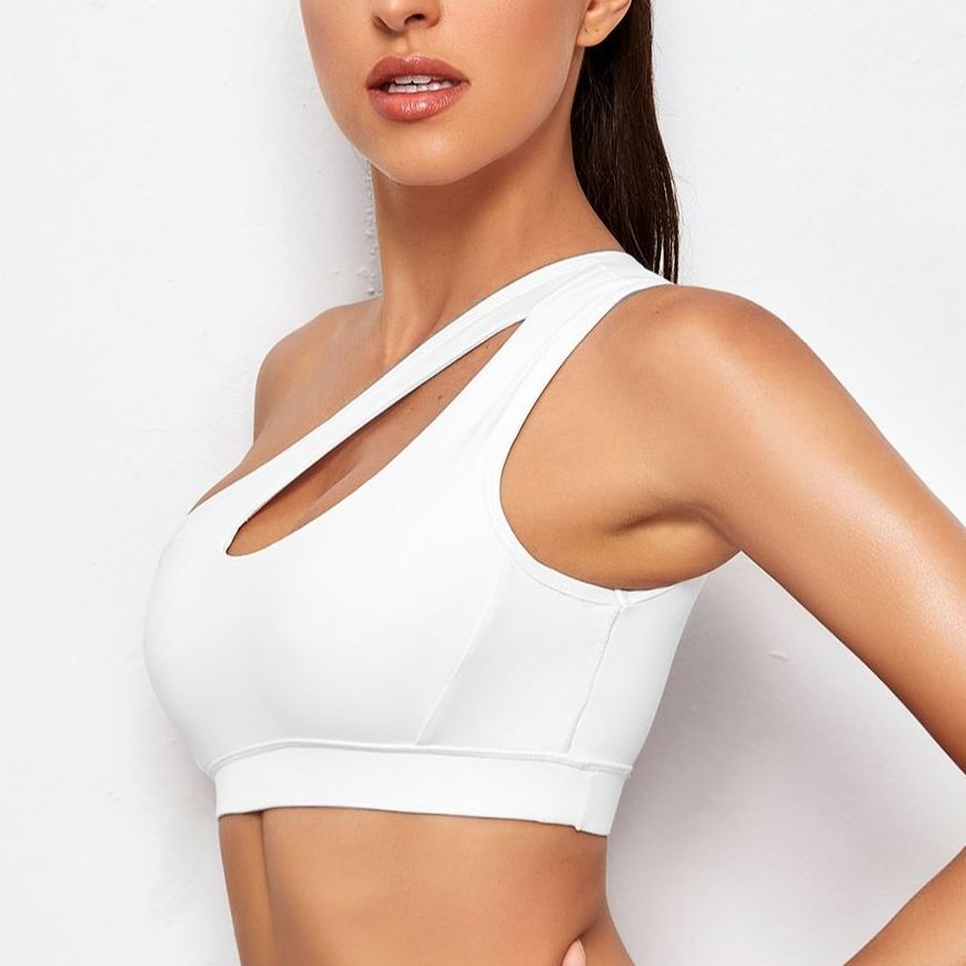Thumbnail: Women Sports Bra Push Up Fitness Bras One Shoulder Shockproof Yoga Bra Black Wh