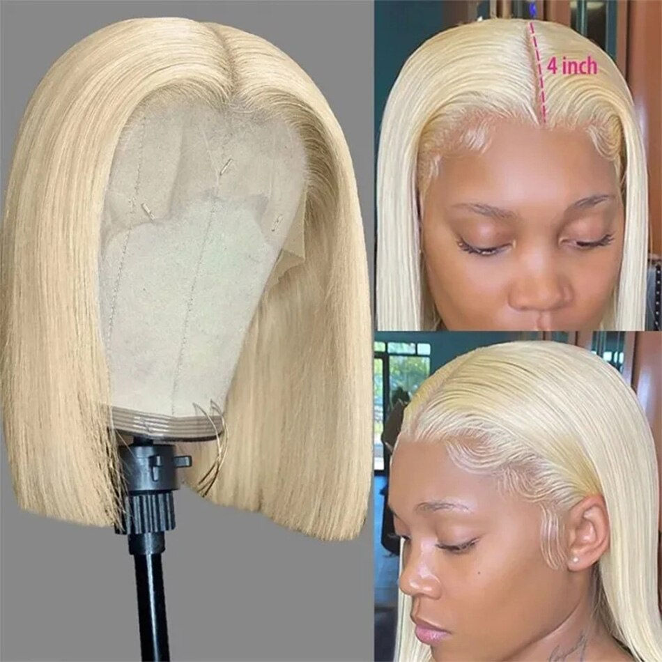 Thumbnail: Human Hair Lace T Part Wig 13x1 Lace Wig Brazilian Straight Bob Wig 613 Blonde 