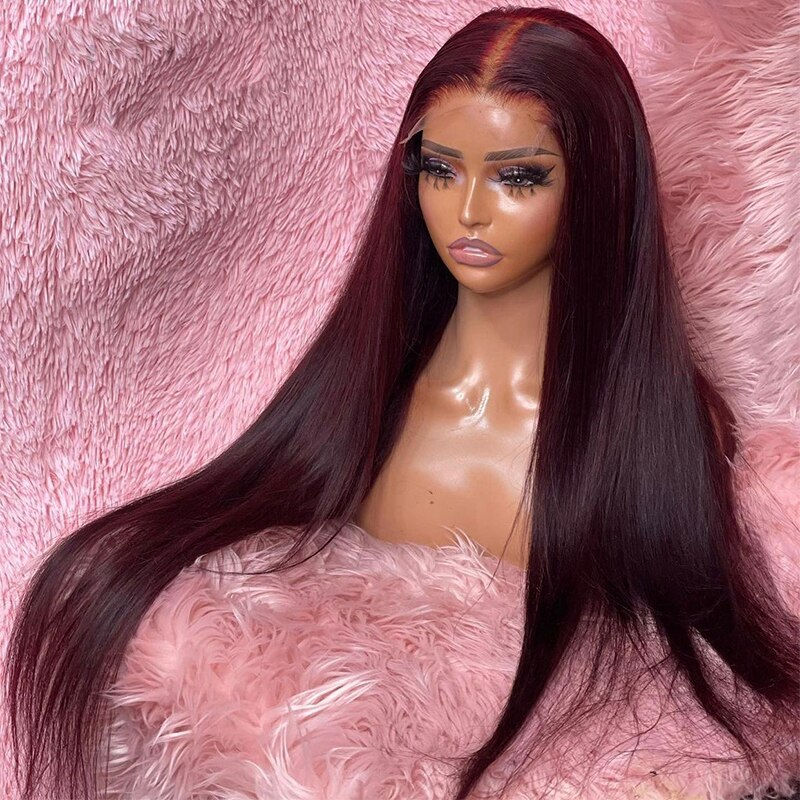 180 Density Long Burgundy Straight Lace Front Wig for Black Women 99j BabyHair