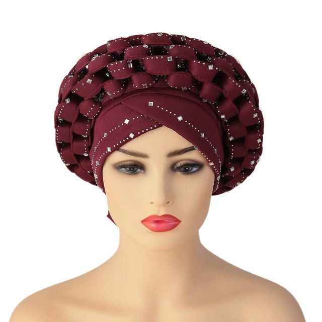 Thumbnail: Inlaid with Diamonds African Pattern Pre-Tied Bonnet Turban Knot Cap Headwrap H