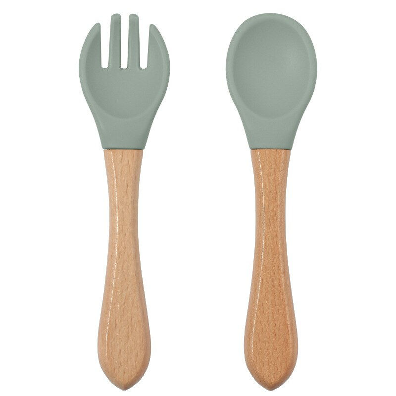 Thumbnail: 2PCS BPA Free Baby Silicone Spoon Fork Set Wooden Handle Baby Feeding Spoon For