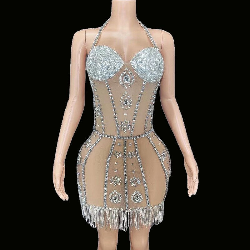 Thumbnail: Sexy Sparkly Silver Rhinestone Fringes Halter Mesh Transparent Short Crystals D