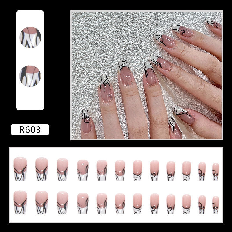 Thumbnail: 24Pcs/Box Charming Pink Flame Short Ballet Wearable Fake Nails press on Square 