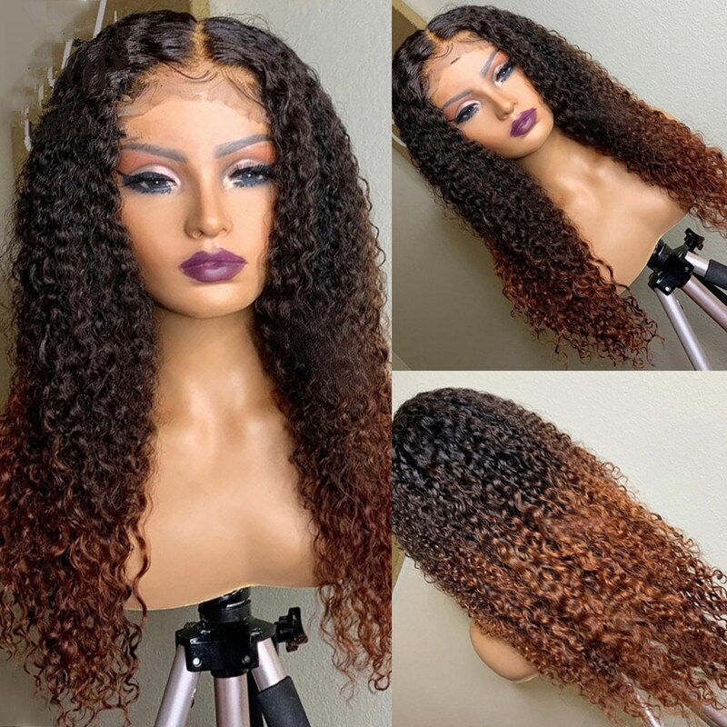 Glueless Ombre Brown Soft Long 26inches 200Density Kinky Curly Deep Lace Front