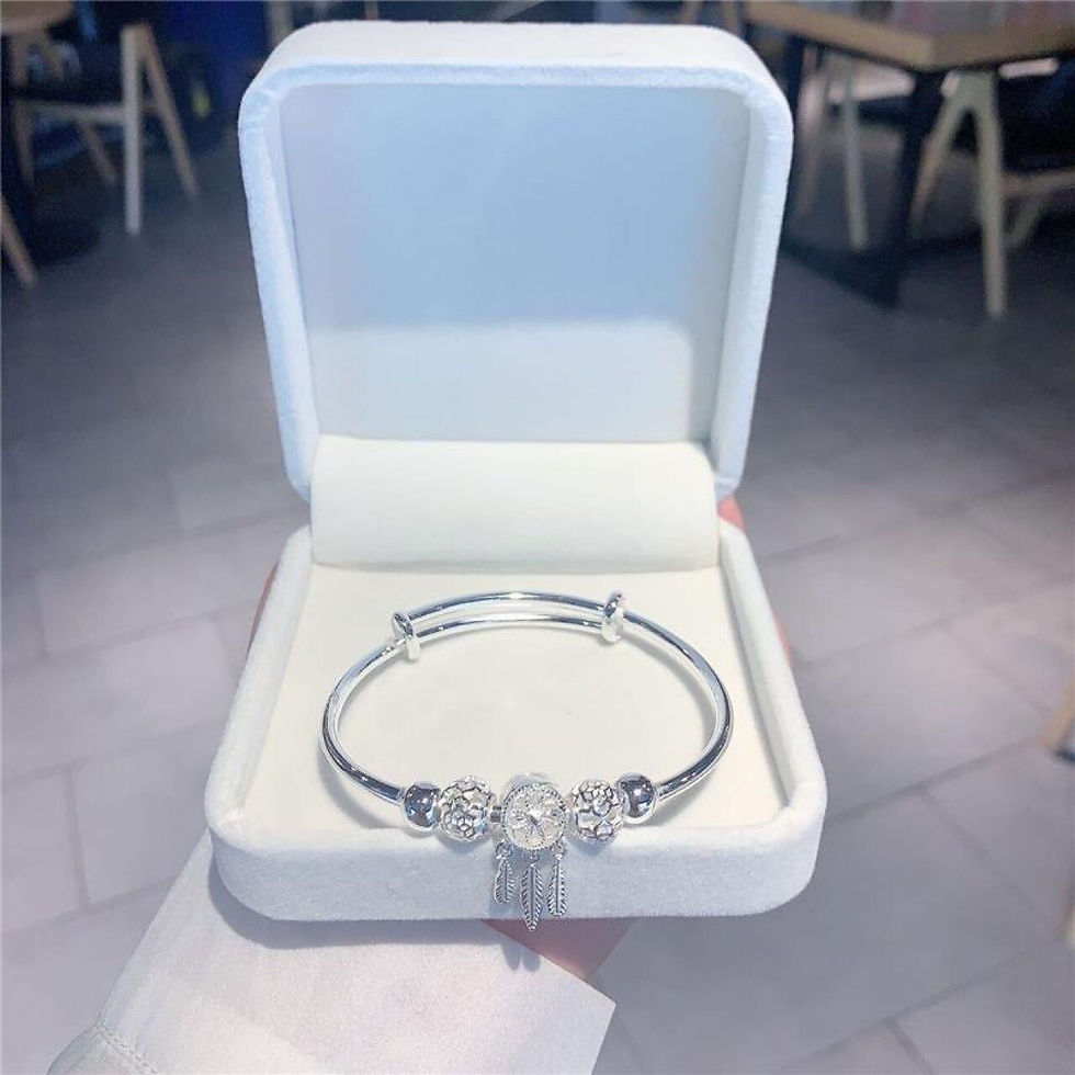 Thumbnail: 925 Sterling Silver Dreamcatcher Tassel Feather lucky Bead Bracelet Bangle For 