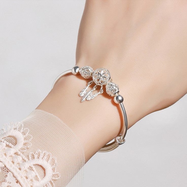 Thumbnail: 925 Sterling Silver Dreamcatcher Tassel Feather lucky Bead Bracelet Bangle For 