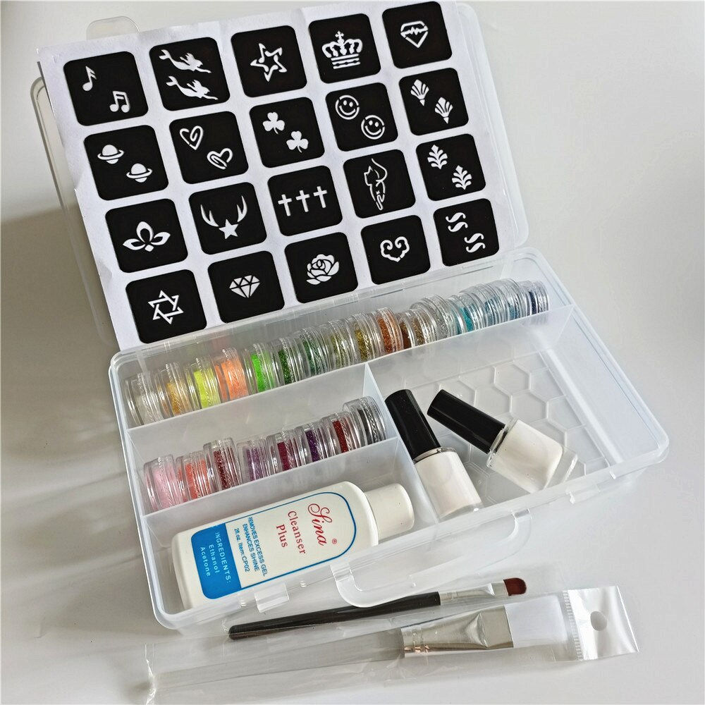 24 Colors Waterproof Glitter Template Stencil Brushes Glues Painting Kit for Te