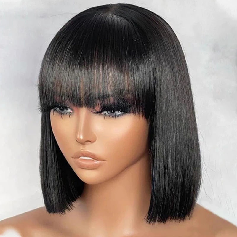 Short Straight Bob with Bang Human Hair Wigs Highlight Bob Fringe No Lace Full