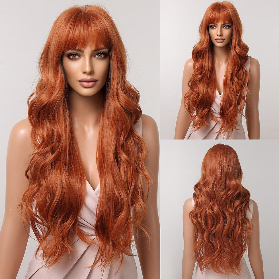 Thumbnail: HAIRCUBE Brown Mixed Blonde Synthetic Wigs with Bang Long Natural Wavy Hair Wig