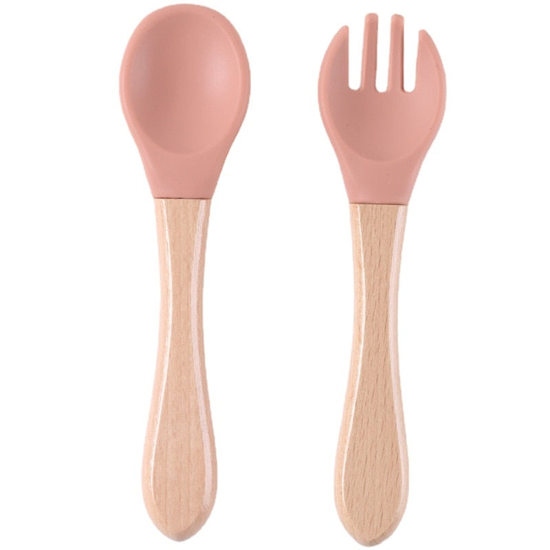Thumbnail: Silicone Baby Feeding Spoon Fork with Wooden Handle Kids Learn To Eat Children'