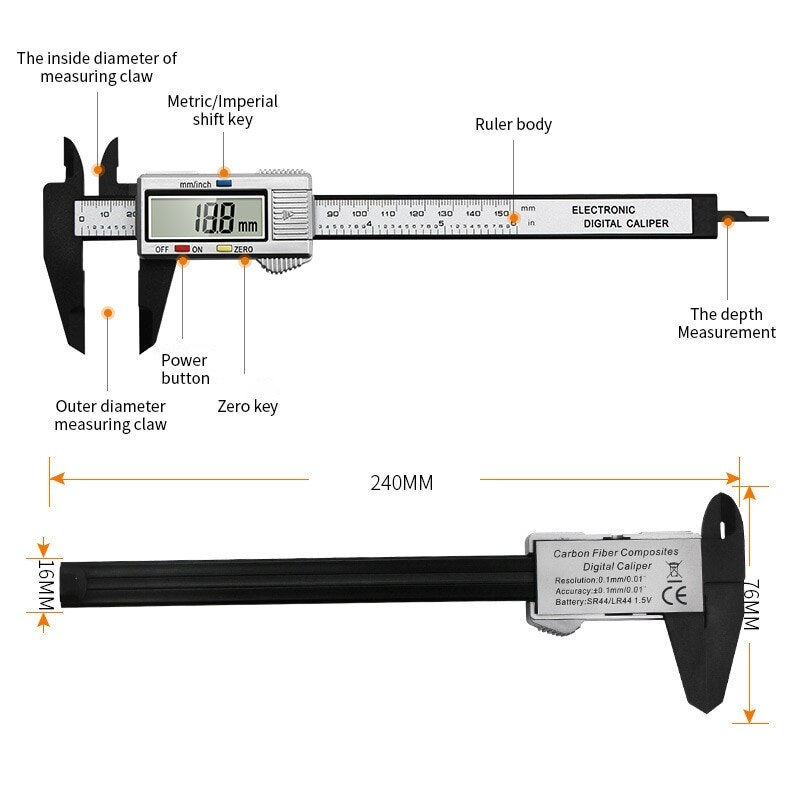 Thumbnail: 150mm Electronic Digital Caliper Carbon Fiber Dial Vernier Caliper Gauge Pachom