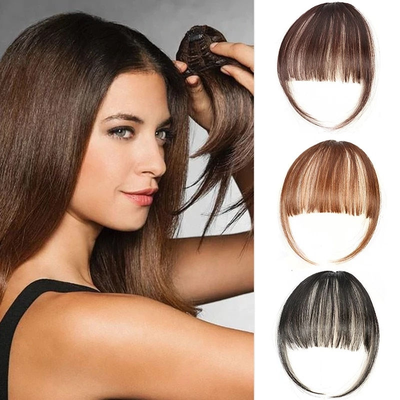 Thumbnail: Clip In Air Bangs Thin Fake Fringes Natural Straigth Synthetic Neat Hair Bang A