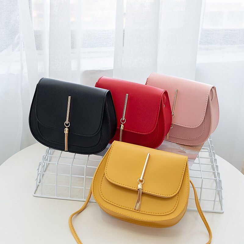Thumbnail: New Golden Tassel Double Layer Semi Circle Solid Color One Shoulder Saddle Bag 